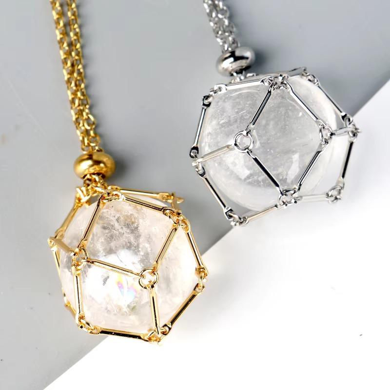 Handwoven Stainless Steel Mesh Necklace with Adjustable Chain and Natural Crystal Stone Cage