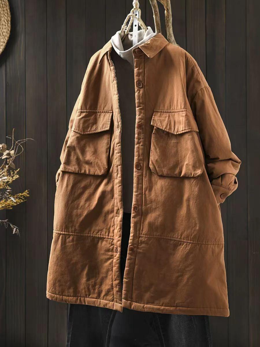 

Johnature Женские винтажные отложные воротники однотонные пуговицы пальто зимние карманы в китайском стиле пальто One Size оранжевый