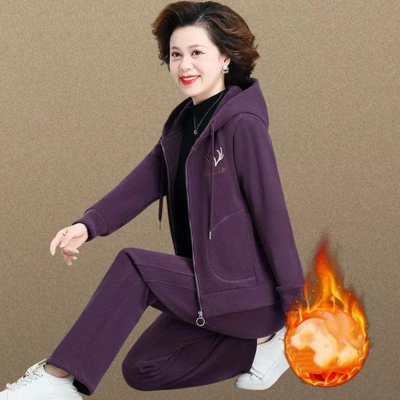 Plus Velvet Thick Jacket Casual Western Style Ladies Sweater Sportswear Suit Autumn and Winter Two-piece Suit