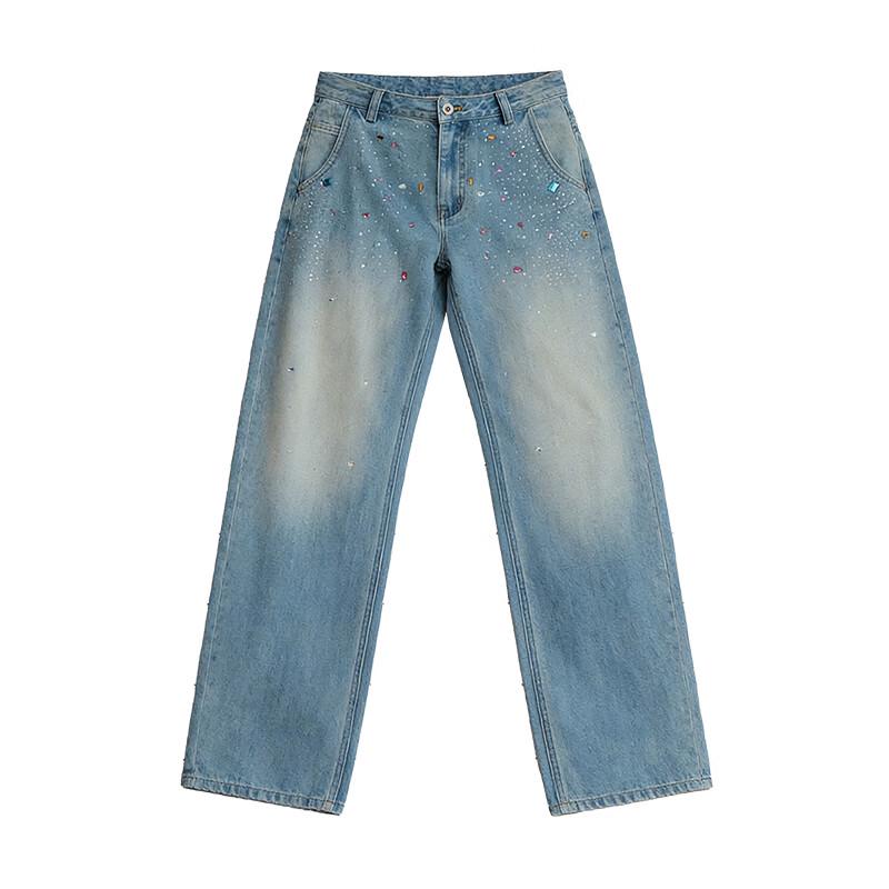 GREEN BELT Women's Blue Rhinestone Distressed Straight Jeans