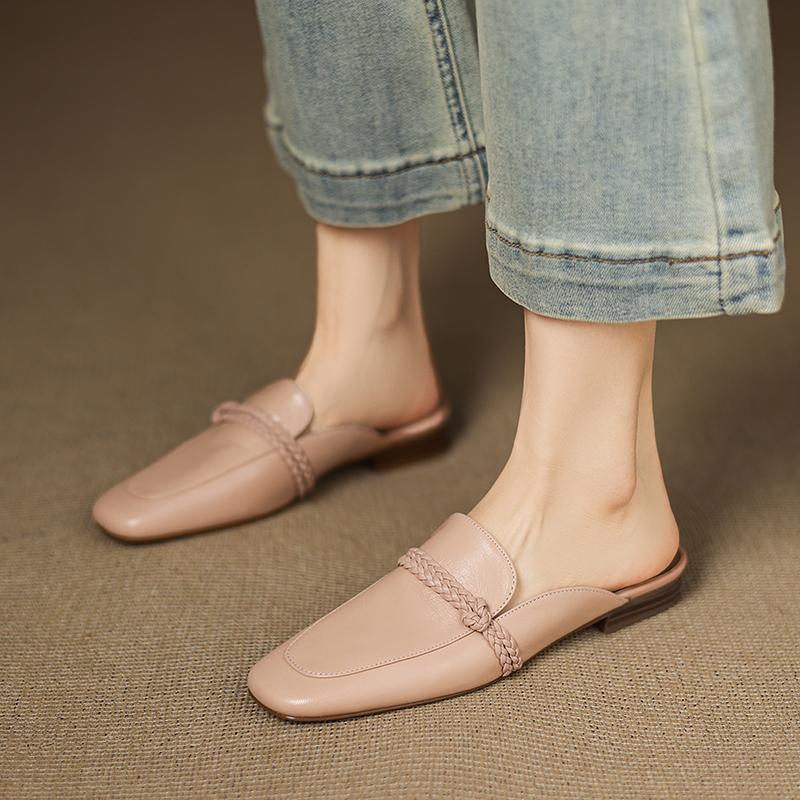 Fashion 2025 Summer Women Shoes Genuine Leather Square Toe Women Sandals Solid Modern Sandals for Women Low-heel Women's Mules Shoes