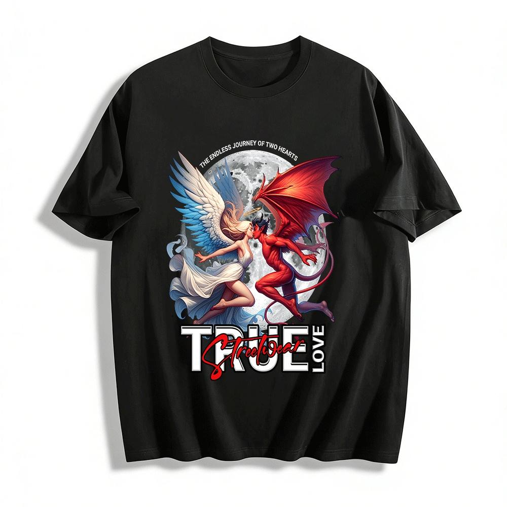 

True Love Streetwear Angel Demon Kiss Moon Graphic Tee Pure cotton T-shirt XXS
