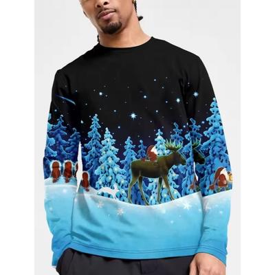 Men Fashon Polyester Comfortable T Shirts Sports Christmas 3D Print Loose Round Neck Long Sleeve T-shirt Top