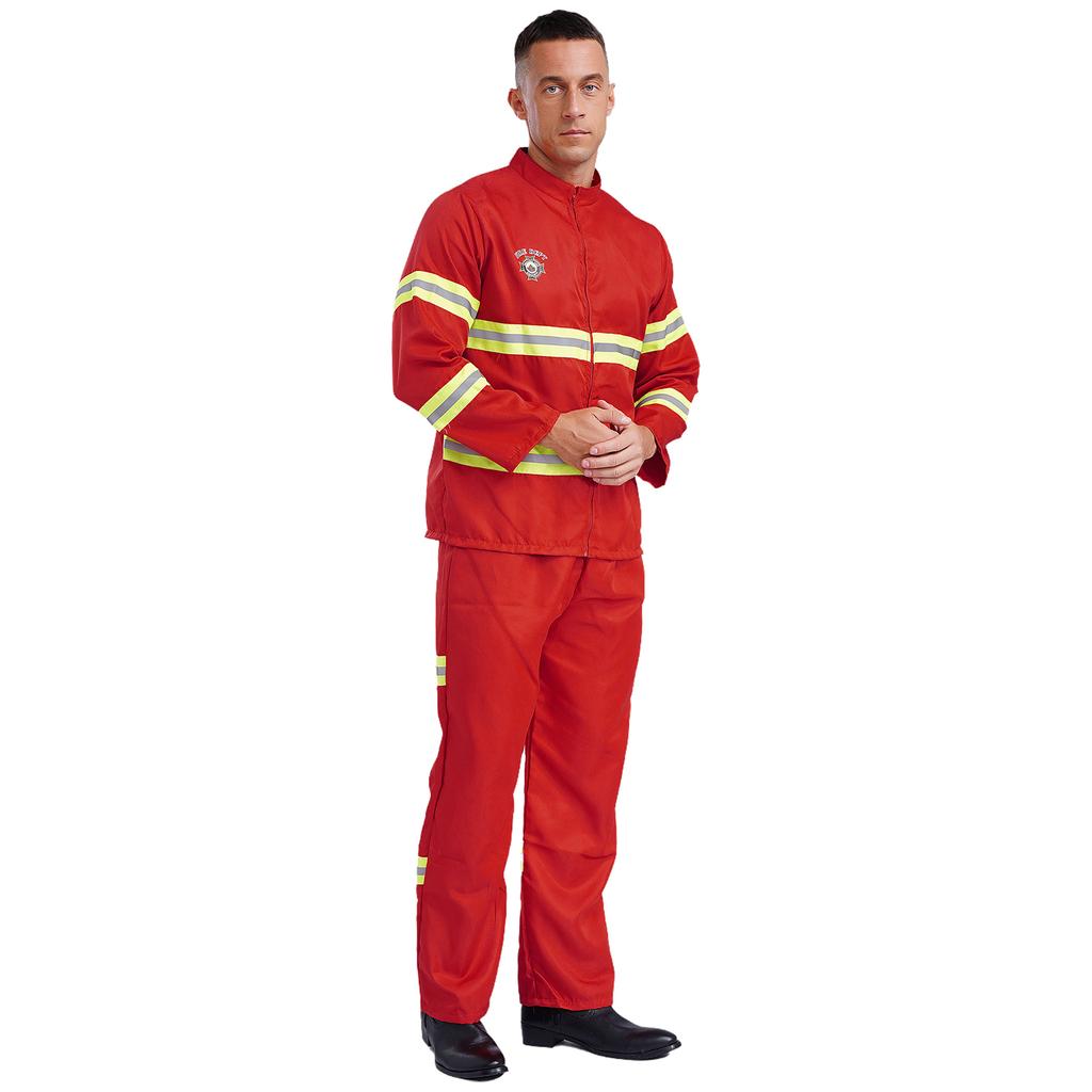 Pánské hasičské hasičské hrdiny Halloween cosplay kostým plastová helma s dlouhým rukávem hasičská bunda kabátek kalhoty a pásek
