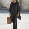 Women Solid Color Button Detail Top and Pants Set Casual Loose Fit Wide Leg Pants Two Piece Outfit