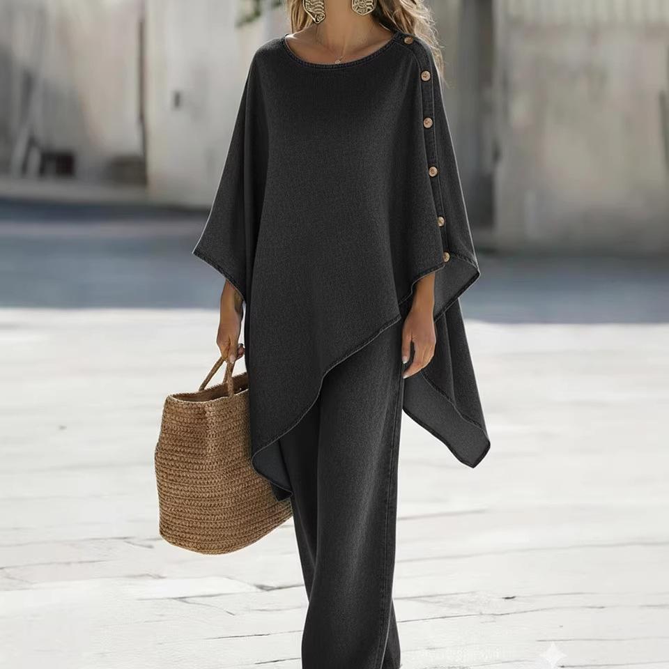 Women Solid Color Button Detail Top and Pants Set Casual Loose Fit Wide Leg Pants Two Piece Outfit
