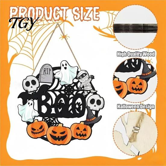 Fall Front Porch Signs Halloween Wooden Wreath Door Hanger Sign, Pumpkin Ghost Black Cat Witch Weatherproof Wall Decorations Bat Patterns, Hanging