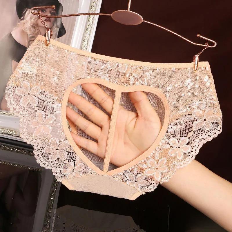 Women'S Panties Summer Thin Lace Floral Hollowed Underwear Open Butt Thong Lingerie Low Rise Transparent See Through Briefs