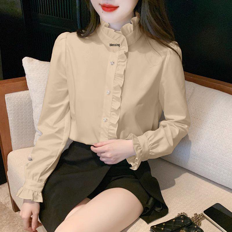 Women's White Ruffle Stand Collar Shirt - French Chic, Autumn/Spring 2025