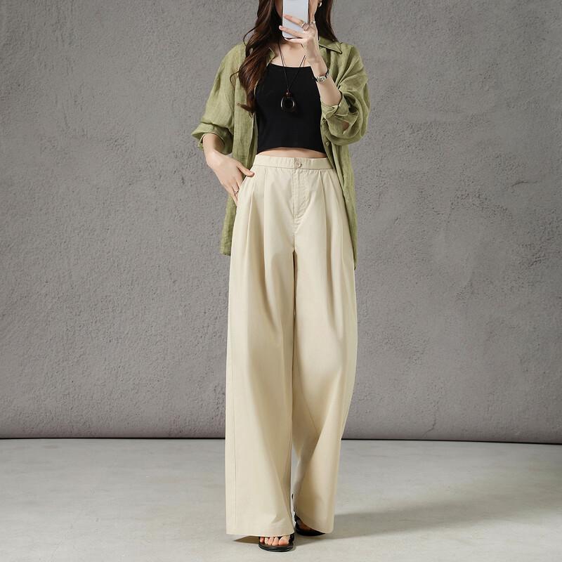 Demana Women's 100% Cotton Pleated Wide-Leg Casual Pants