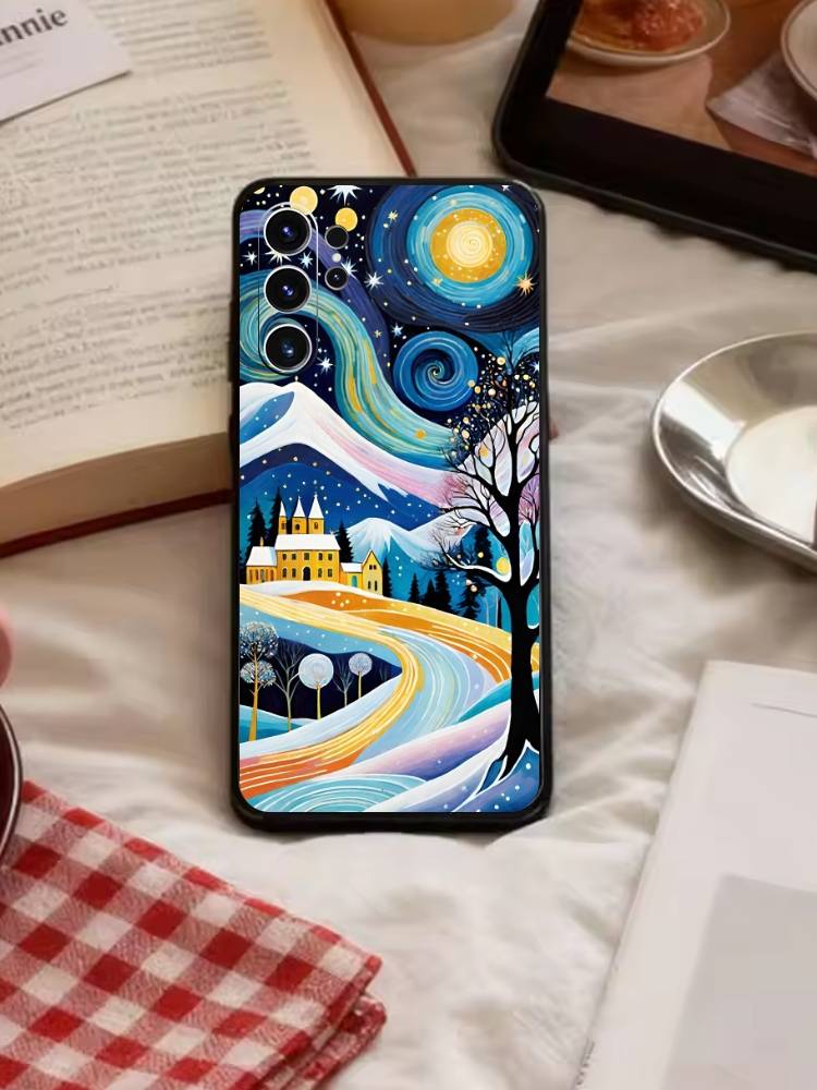 Whimsical landscape Starry Night Phone Case For Samsung S26,S25,S24,S23,S22,S21,S20,Ultra,Plus,FE Black Soft Cover
