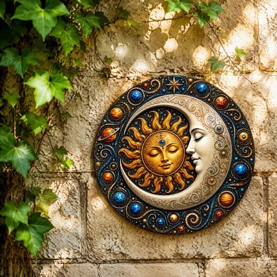 Indoor And Outdoor Wall Decor Sun Moon Art, 8Inch Round Metal Sign, Exotic Home Decoration Boho for Living Room Bedroom Entrance