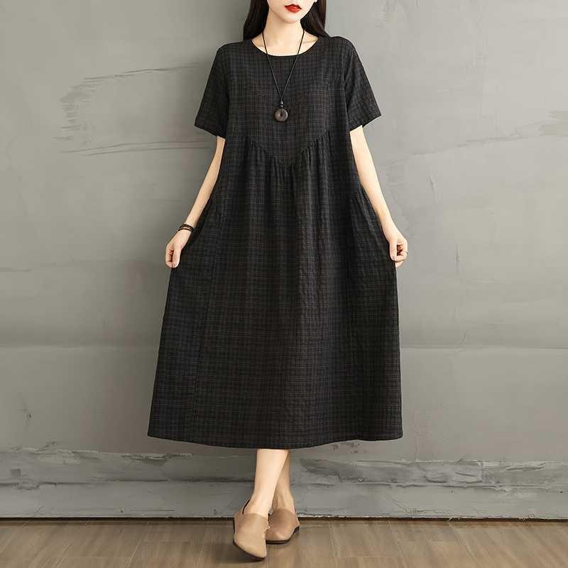 Summer cotton and linen round neck short sleeved dress for women