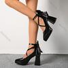Fashion Women High Heels Shoes Sexy Pointed Toe Bow Cross Strap Buckle Pumps Black Platform Temperament Fashion Thick Heeled Dress Shoes