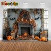 Mocsicka Halloween Fireplace Backdrop For Photography Wood Wall Pumpkin Party Child Photo Background Leaf Bat Decorations Banner