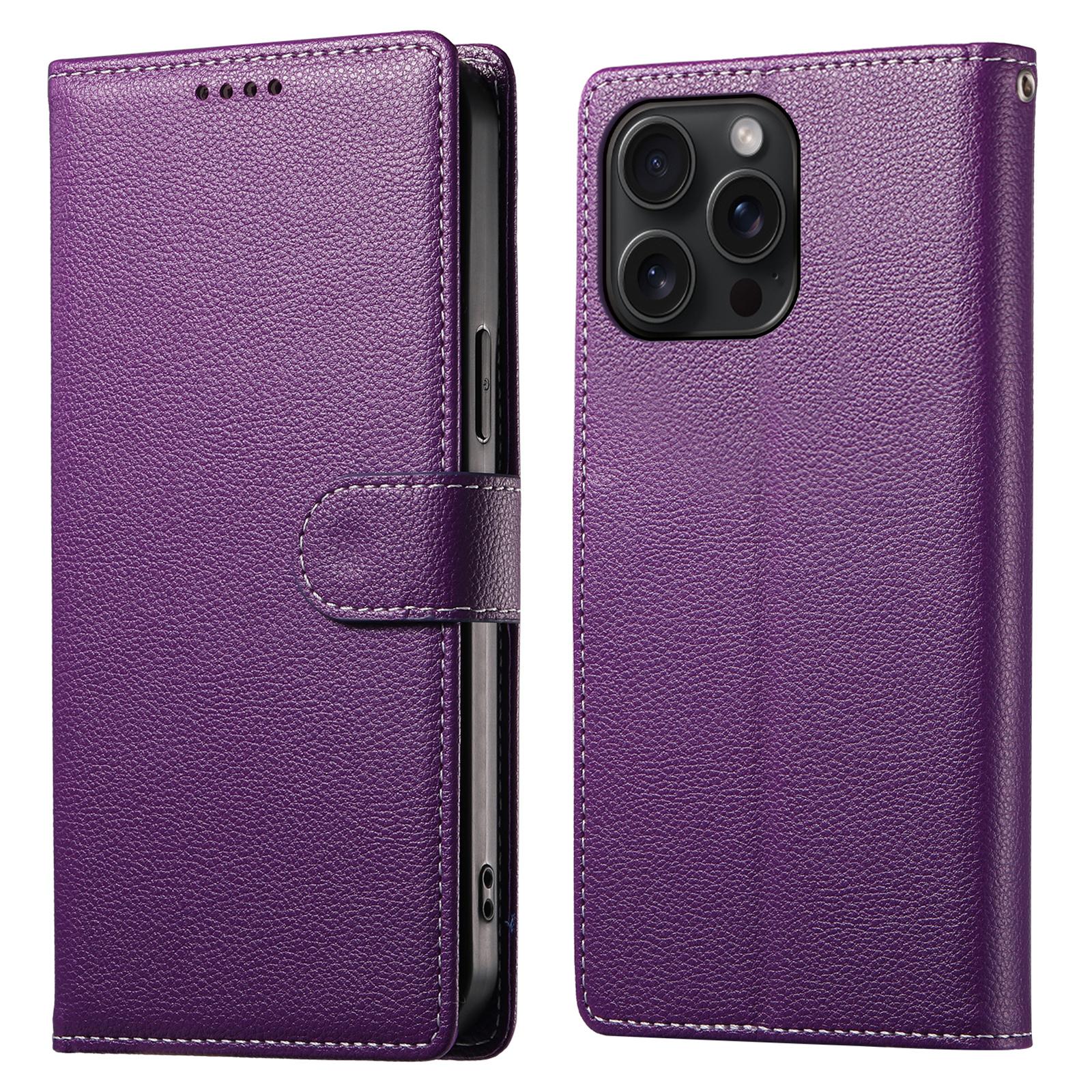 

For iPhone 15 Pro Max Stand Case Litchi Texture Leather Wallet Phone Cover Magnetic Snap Purple