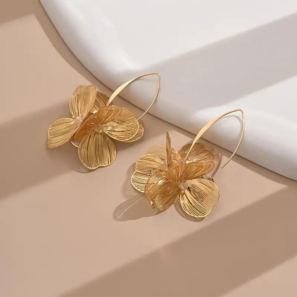 Exaggerate Gold Silver Color Flower Big Hoop Earrings Elegant Fashion Dangle Earring for Women Girl Ear Hook Metal Charm Jewelry