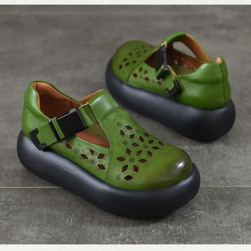 Johnature Genuine Leather Round Toe Thick Soled Women's Shoes Retro Versatile Breathable Hollow-out Platform Sandals