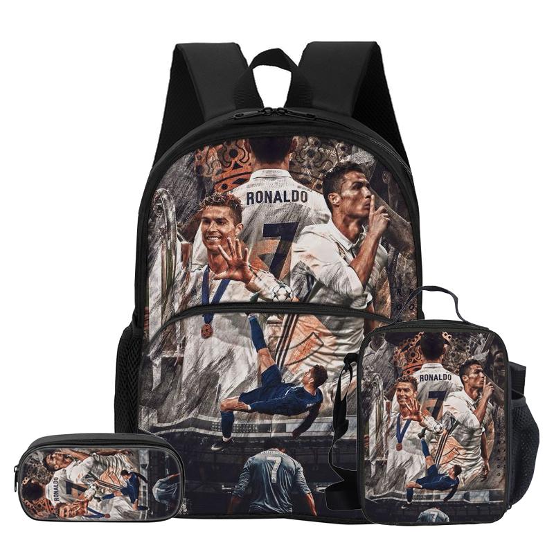 3 Pcs Set with Front Pocket Backpack Ronaldo with Thermal Insulated Lunch Tote Purse CR Pencil Case Football Star Rucksack