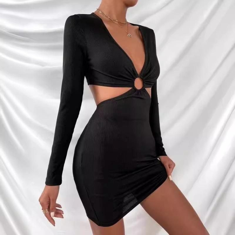 Women's Hollow Long Sleeve Low Neckline Sexy Dress Dress