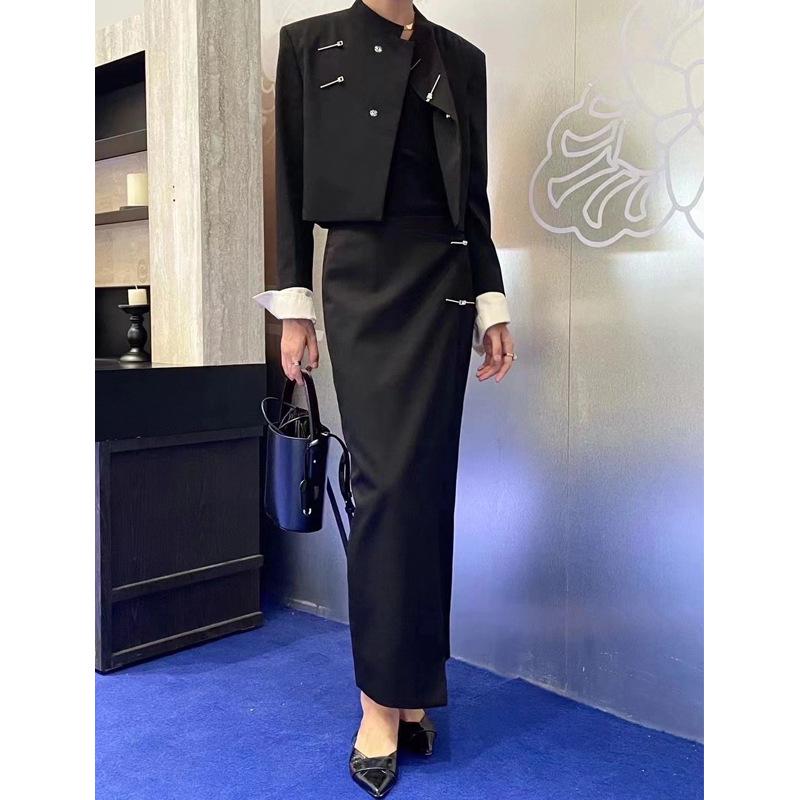 [Clearance, no refunds] New Chinese Style Wool Suit Jacket with Color-Matched Design and Buttoned Skirt