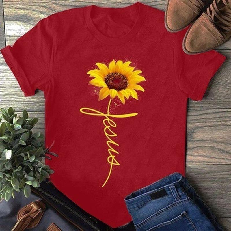 Women's Sunflower English Letter Print Round Neck T-Shirt - Short Sleeve Summer Top