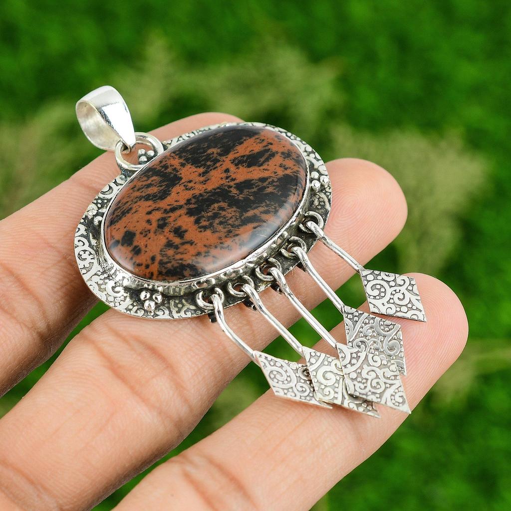Daughters Day Deal 925 Sterling Silver Mahogany Obsidian Stone Pendant Jewelry