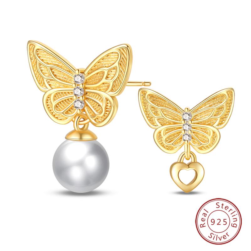 Luxus Goldene Muschel Seestern Perlen Ohrstecker 925 Silber Schmetterling Herzförmige Anhänger Perlenohrringe Für Frauen Party Schmuck