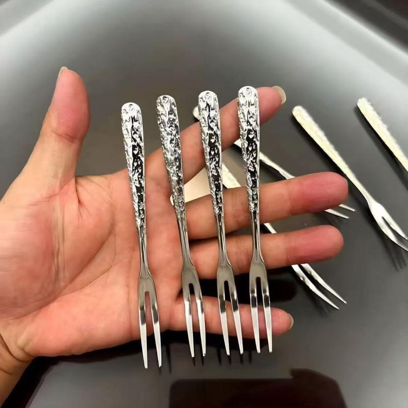 Stainless Steel Fruit Forks With Hammered Textured Handle Rust Proof Finish Perfect For Afternoon Tea Daily Dessert Serving