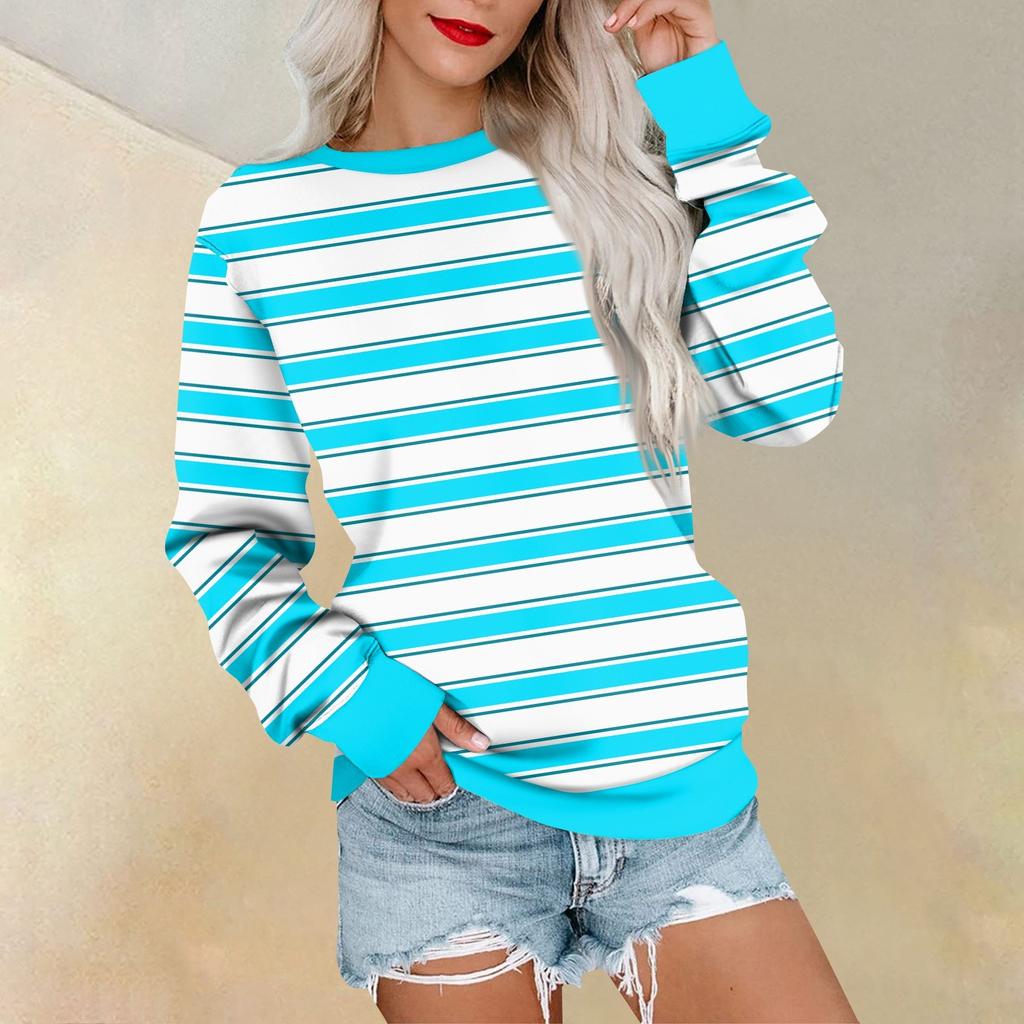 Long Sleeve Sweatshirt For Women Stripe Print Graphic Tees Blouses Casual Plus Size Basic Tops Pullover