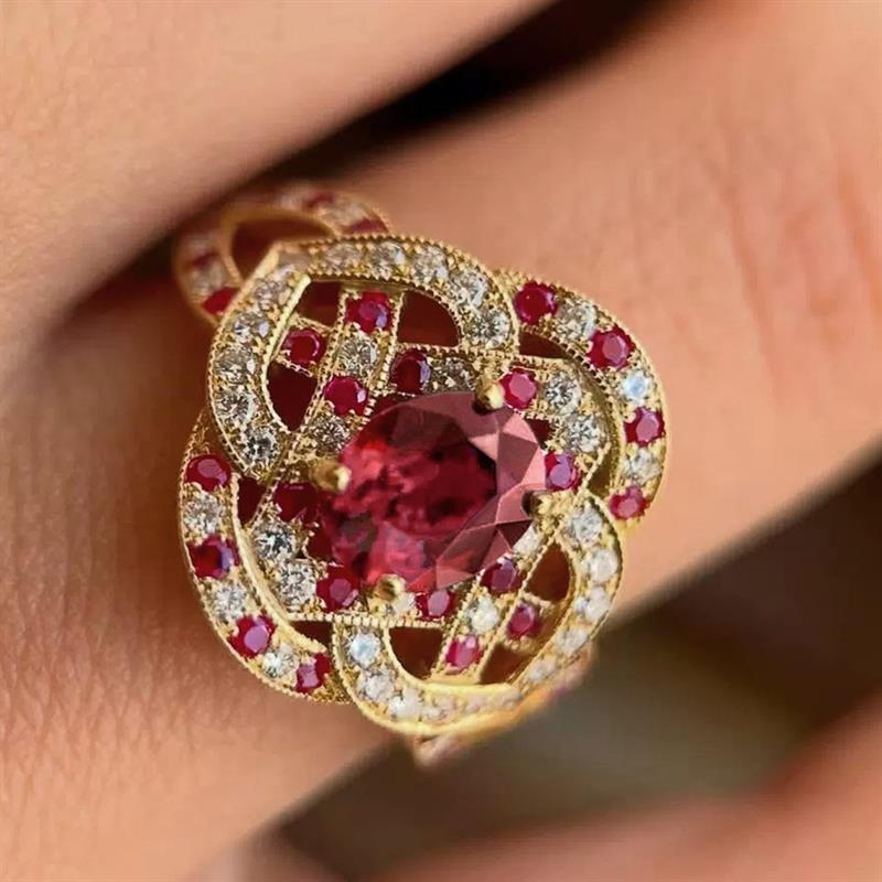 Huitan Delicate Gold Color Women Ring Inlaid Oval Red Shiny CZ Fashion Accessories for Wedding Party Noble Engagement Jewelry
