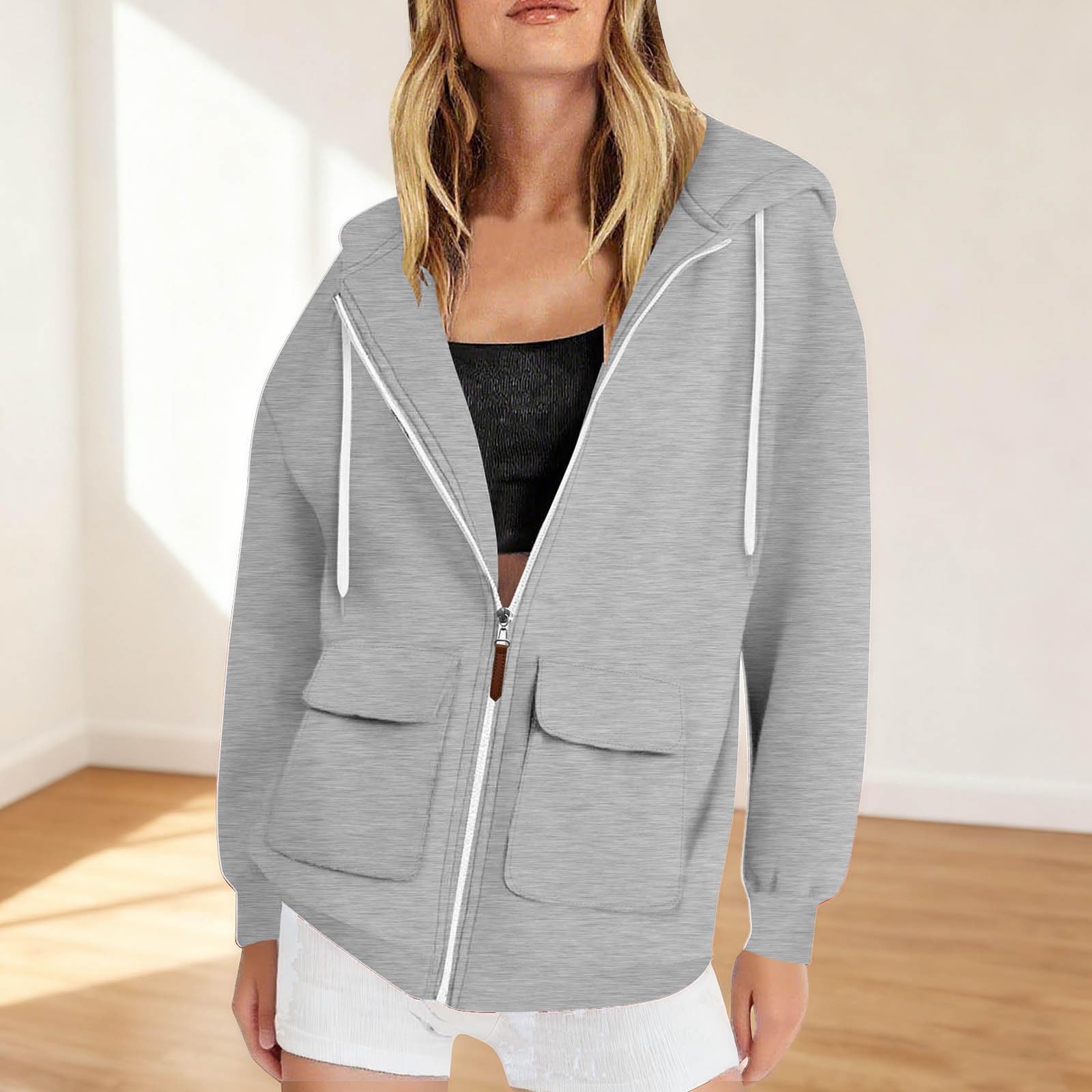 

Женская модная однотонная толстовка с капюшоном, длинными рукавами, повседневная, на молнии, с карманами S