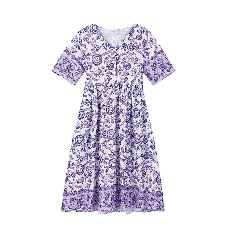 

V-образный вырез с коротким рукавом женская мода цветочный тай-дай элегантная женская одежда больших размеров легче всего сочетать свободный принт Purple 2XL