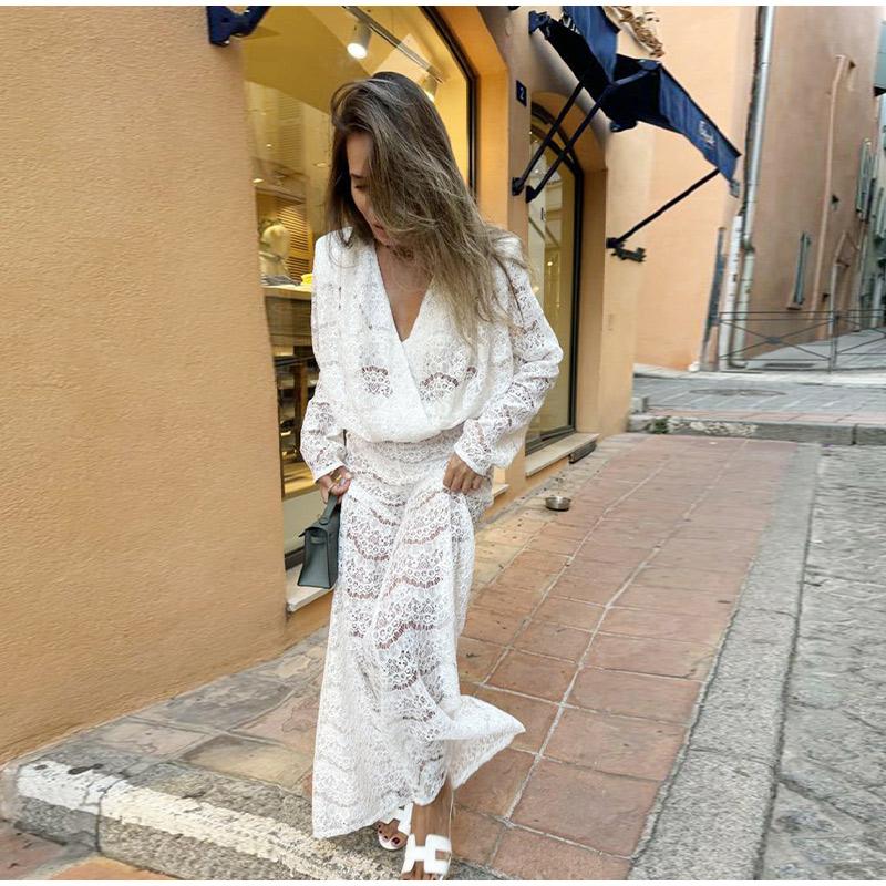 Conjuntos Sexy de Renda Transparente de Duas Peças com Decote V Profundo para Mulheres, Fato de Calça, Top de Manga Comprida, Calça Comprida, Primavera, Cor Sólida, Conjunto de Calças Elegante