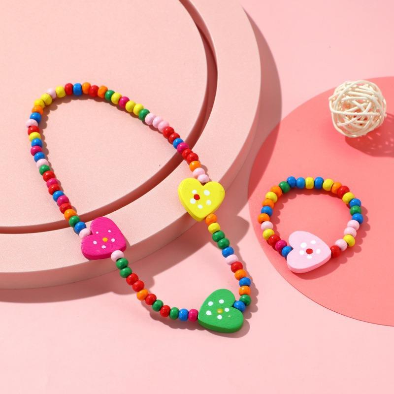 Süßes buntes Kinder-Schmuckset im koreanischen Stil: Holzperlenarmband & Halskette