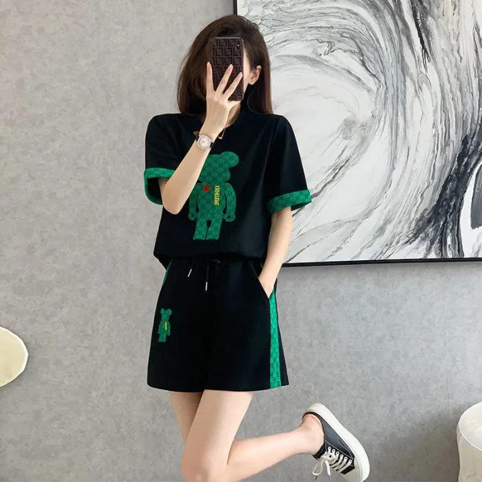 Pink Bear Suit for Women, Summer, Light and Mature Style, Hong Kong Style, Fashionable, Foreign Style, Bear Thin Shorts Two-piece Set