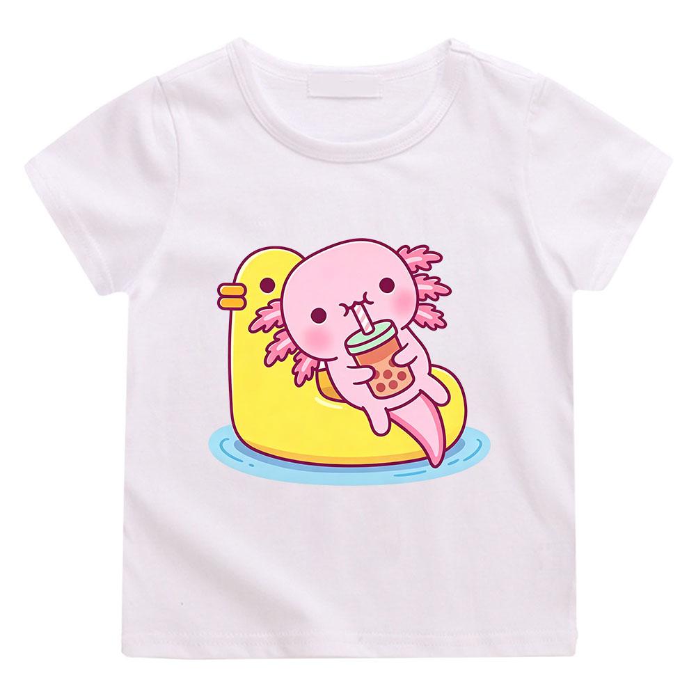 Cute Pink Axolotl Children's T-shirt Cartoon Print 100 %Cotton Tees Round Neck Boys Girls Short Sleeve Casual Kids Top Summer