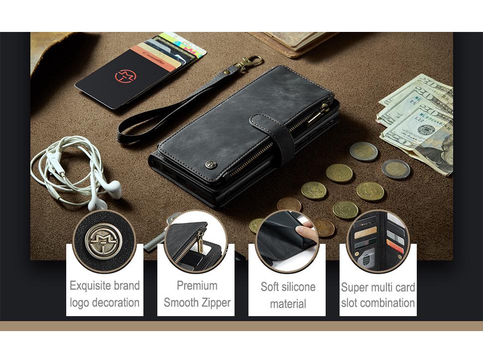 Kožené pouzdro s peněženkou pro Apple 16 Pro Max s přihrádkami na více karet, poutkem na ruku a funkcí stojánku.