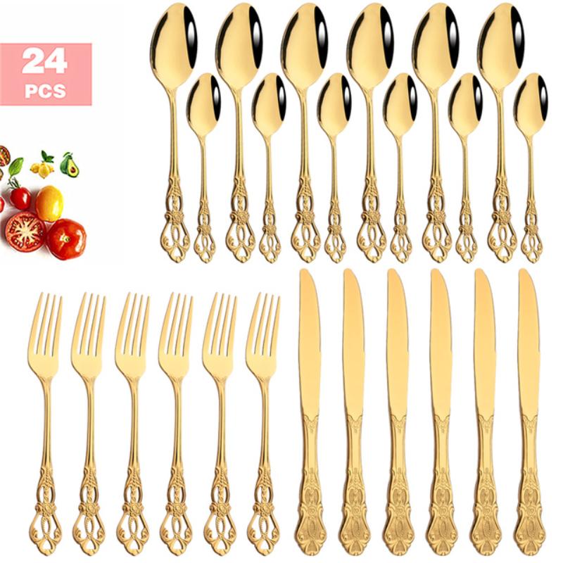 24PCS Vintage Tableware Cutlery Set Dinner Knife Fork Spoon Flatware Set Western Style Luxury Engraving Dinnerware with Rack Set