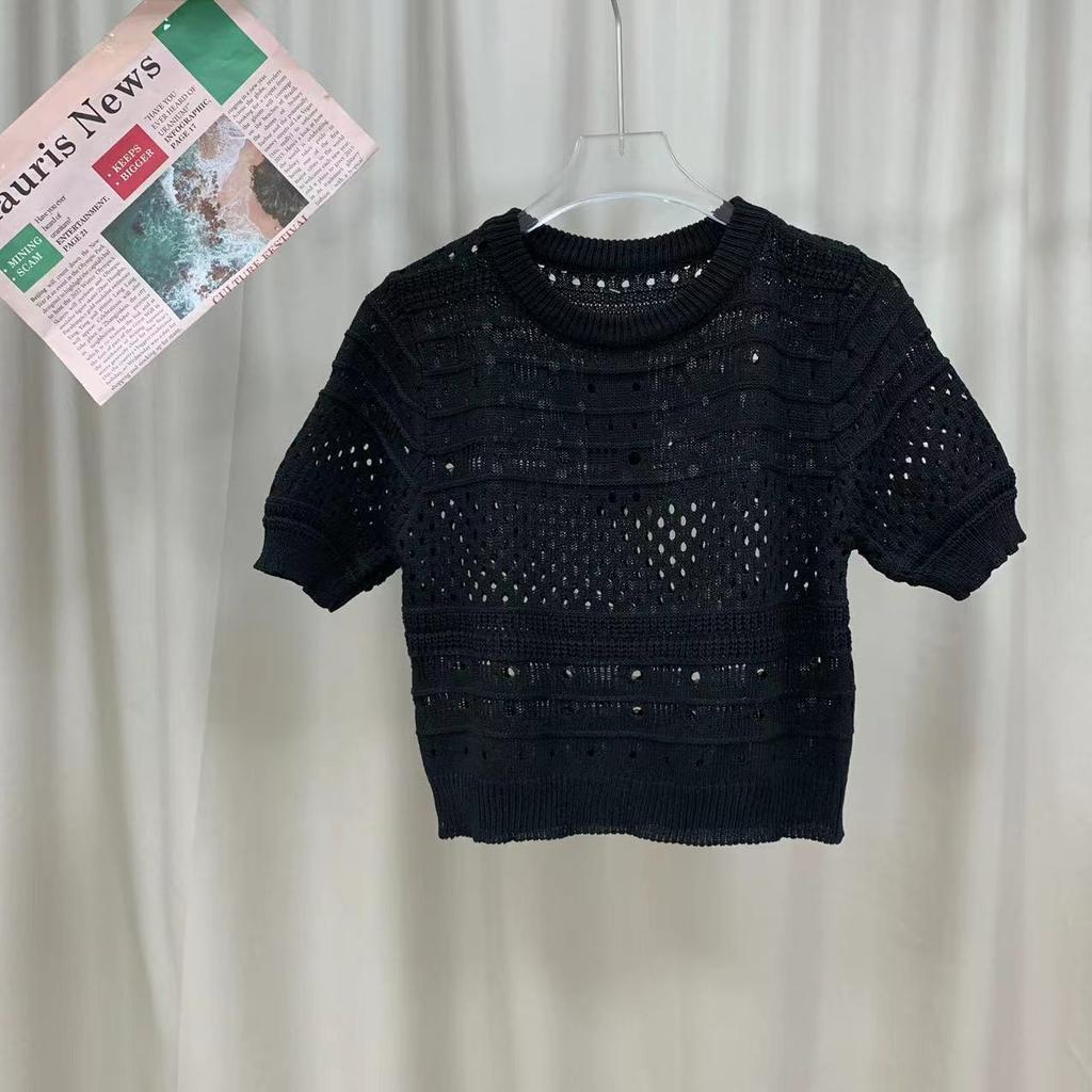 Design Printemps Été Sens du Design Creux Manches Bouffantes Style Étranger Pull Court en Maille Fin Polyvalent Col Rond Hauts Pulls Décontractés pour Femmes T-shirts