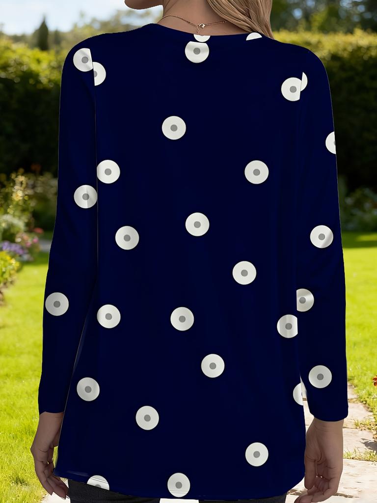 Women's dark blue polka dot loose long-sleeved T-shirt with pockets, women's spring and autumn new Korean version casual top,