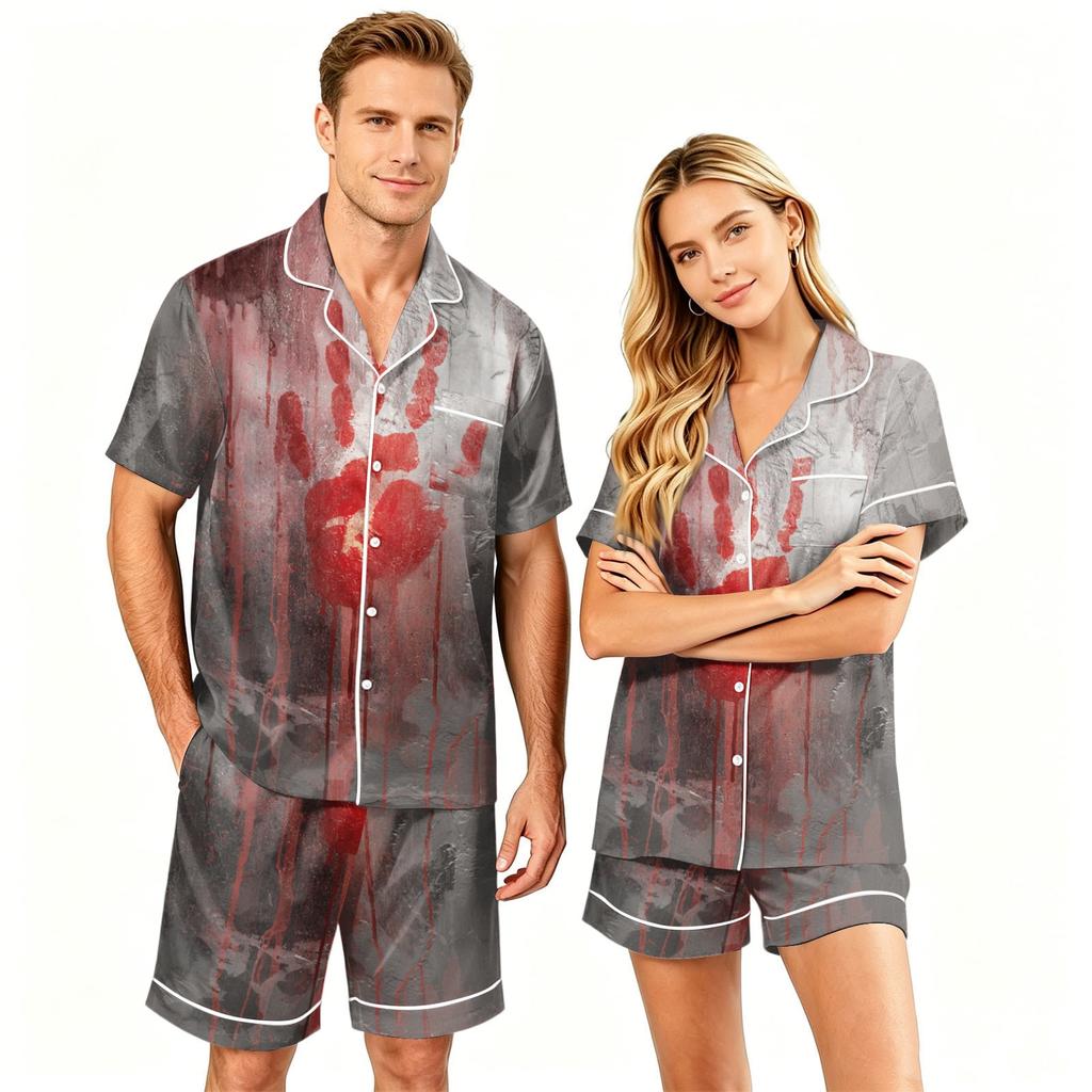 Couple Matching Halloween Pajama Set Short Sleeve Button Down Shirt with Hem and Shorts Soft Casual Sleepwear S-XXXXL