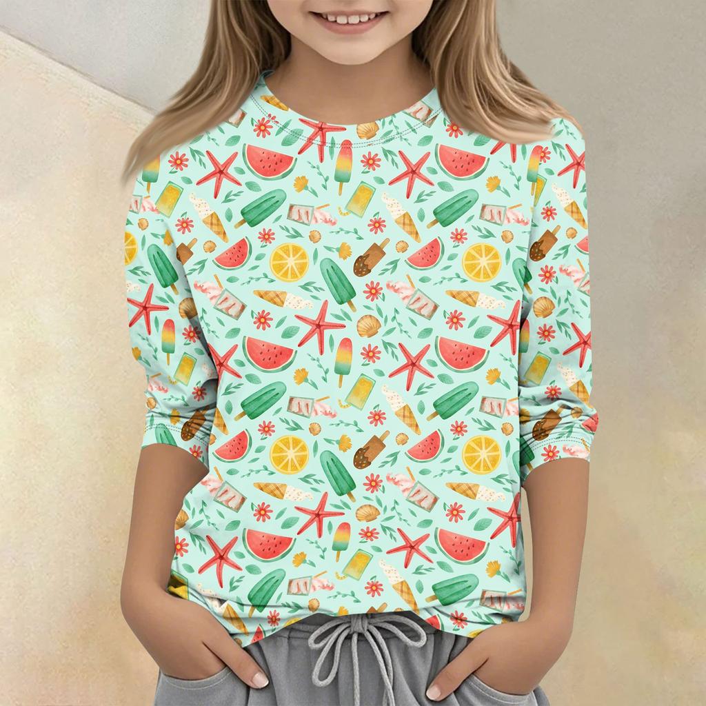 Children's Printed Round Neck Seven Quarter Sleeve Casual T-shirt
