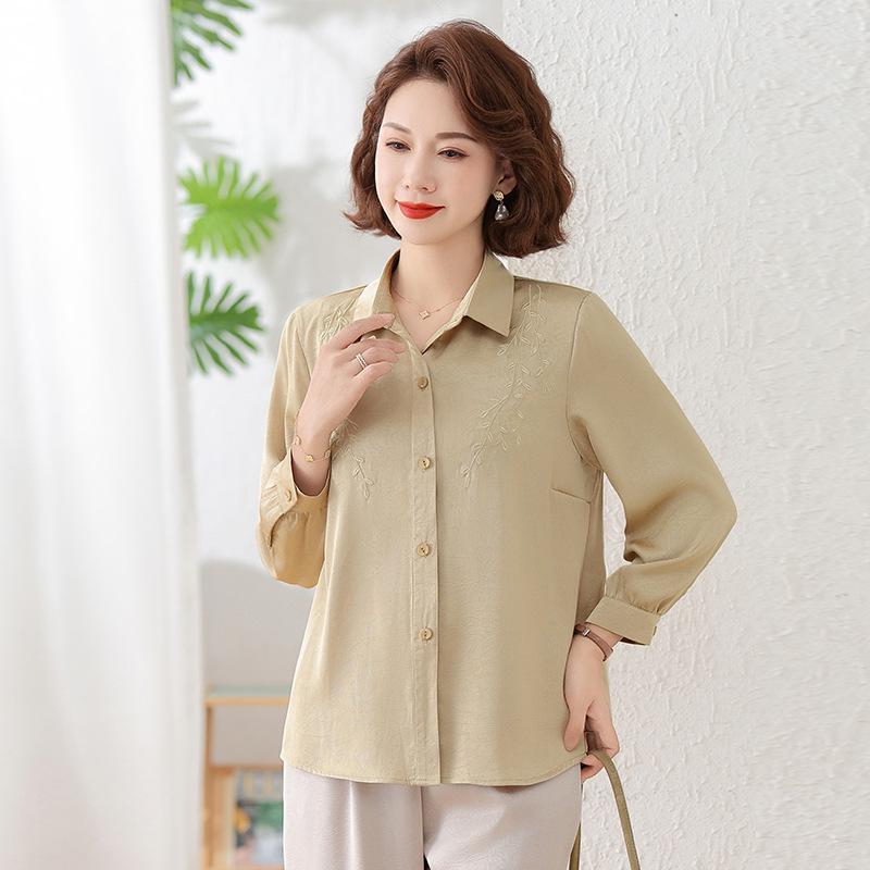 Spring & Summer Stylish Lapel Long Sleeve Shirt for Middle-Aged & Elderly Women - Age-Reducing Solid Color Loose Top
