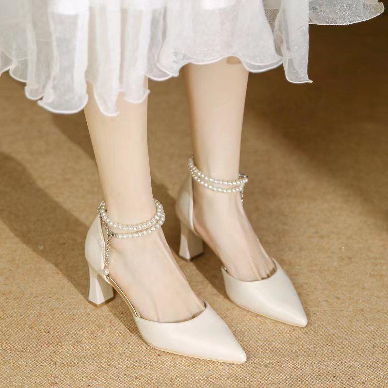 Sandals Women's Outer Wear 2025 Spring Summer French Thick Heel Design Sense Pearl Women's Single Shoes Medium Heel Pointed High Heels