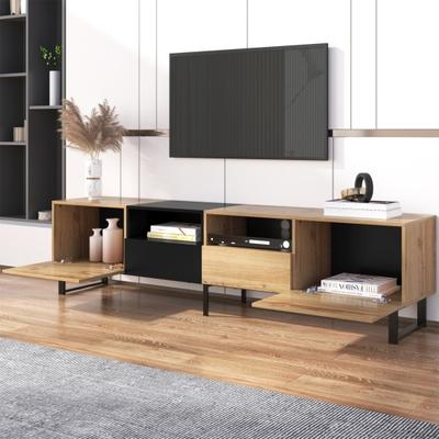 Wooden TV Cabinet with Open Shelves 2 Doors Metal Legs Space Saving Strong Load-bearing Color Blocking Living Room Furniture
