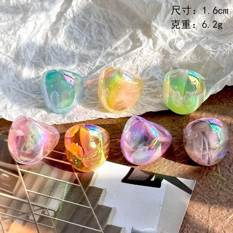 Sweet Korean Resin Shiny Glossy Geometric Gradient Colorful Wide Large Finger Ring Women's Chunky Joint Ring Personality Jewelry