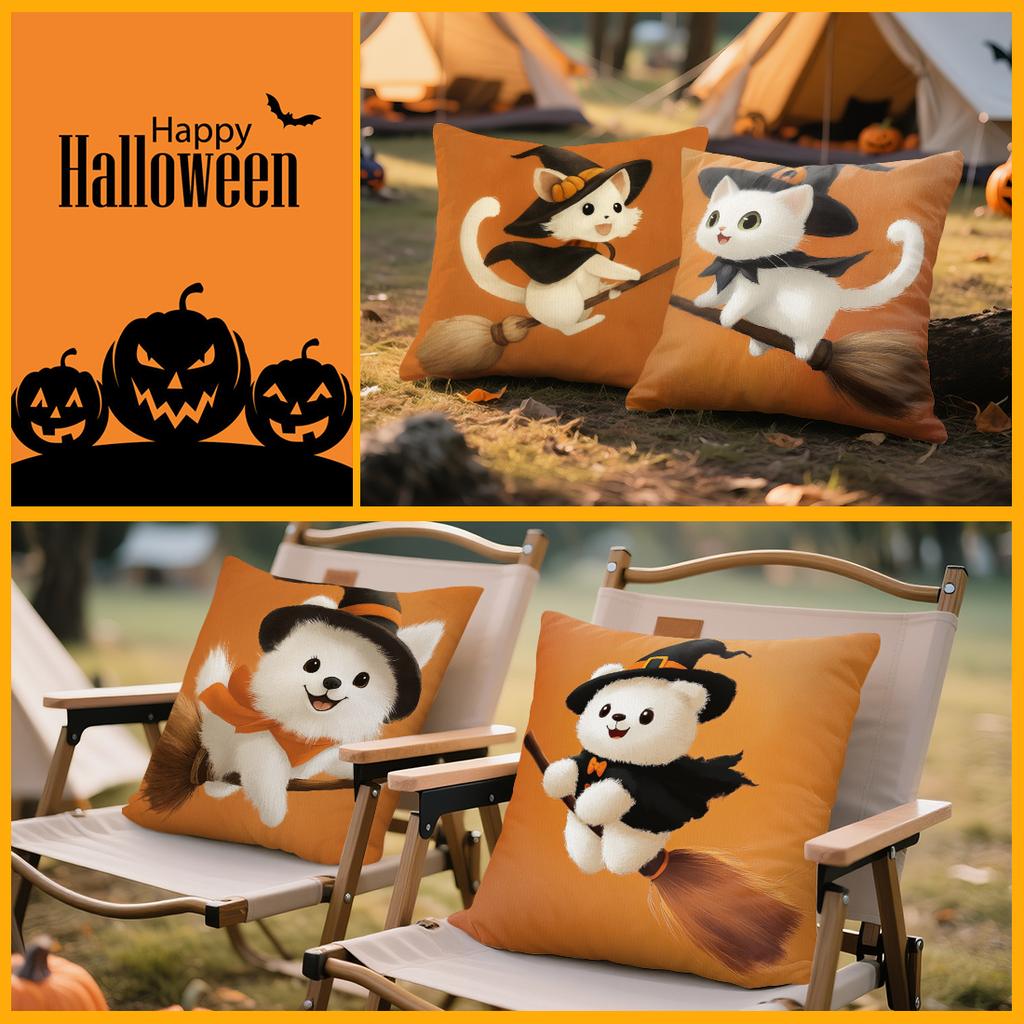 Witch Dog Cat Riding Broom Pillowcase Printed Polyester 45X45Cm Throw Pillowcover Decorative Sofa Cushion Pillowslip Home Decor
