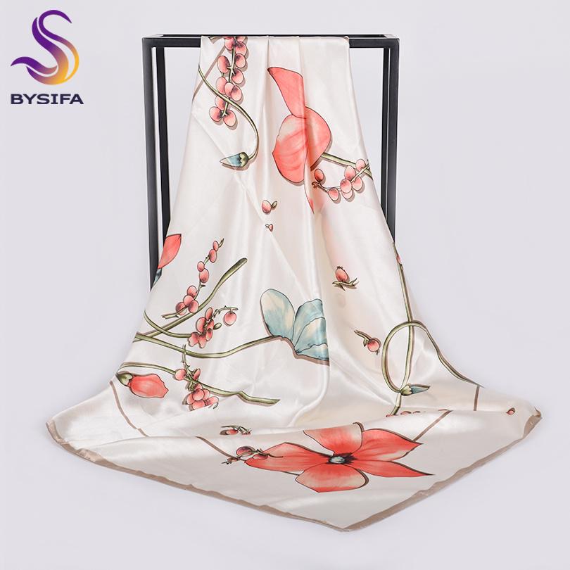 

[BYSIFA] White And Pink Silk Scarf Shawl Fashion Brand Floral Satin Square Scarves Hijabs Autumn Winter Headscarves Wraps 90*90