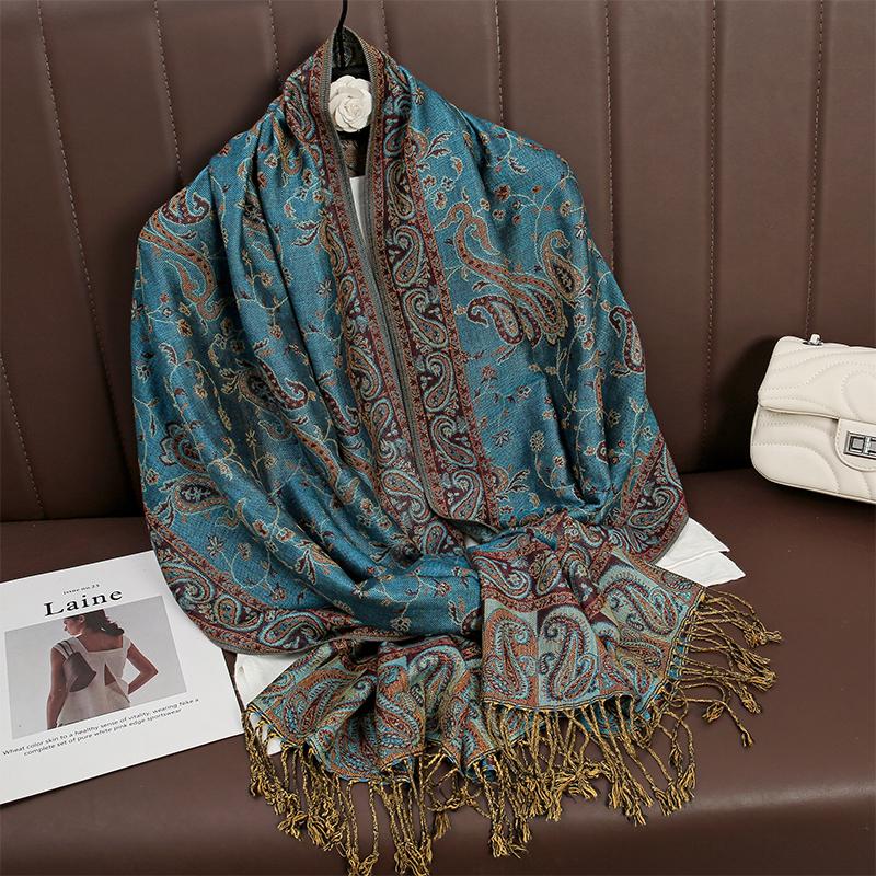 Luxury Tassel Blanket Design Thick Jacquard Pashmina Hijab Winter Warm Shawl Wrap Cashmere Scarf Women Neckerchief Poncho Stoles